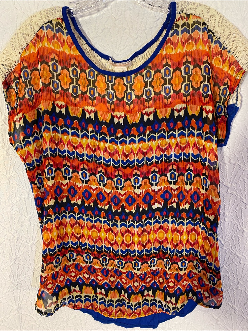 Claudia Richard Multicolor Aztec Print Women's Top with Crochet Shoulders Medium
